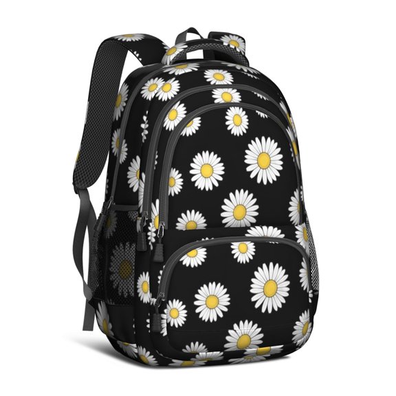 Daisy Pioneer Flower Black Pattern Backpack for School, Cute School Bag with Adjustable Shoulder Straps and Padded Back, 16.9"x12.6"x5.9"