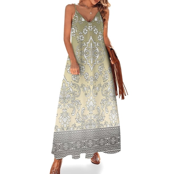 Vestido de fiesta sin mangas amarillo barroco con flores adornadas con clave griega, vestido de verano 2024 para mujer