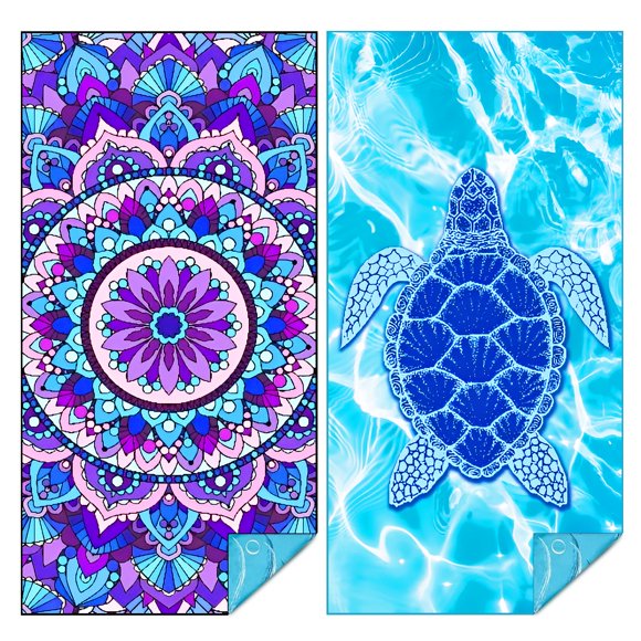 JoalGfda 2 Pack Microfibra Sobredimensionada Ligera Toalla de Playa 90 * 180cm XL Extra Grande Delgada Sin Arena Toalla Viaje Piscina Yoga Gimnasio Camping (2, Tortuga Azul y Mandala)
