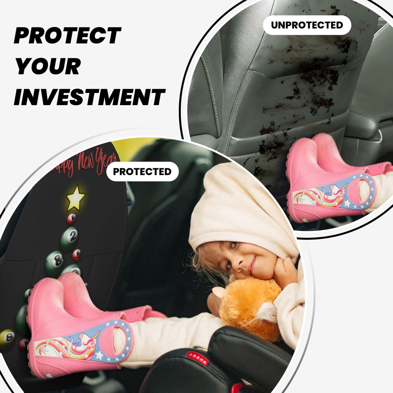 Kdxio Happy New Year1 Print 2 Pack Car Kick Mat Seat Cover Back Protector Mat with Pockets for Organizer Backseat Protector and Storage Anti Kick Pad for Vehicles