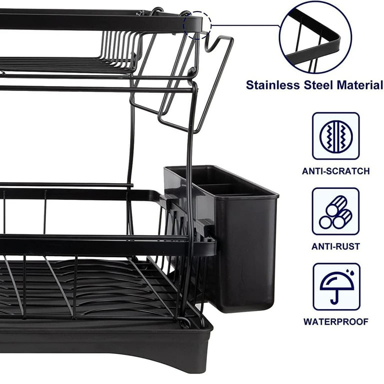 AIDERLY 2 Tier Dish Drying Rack Dish Racks for Kitchen Counter Metal Dish  Drainers with Knife Cup Utensil Holder, Black
