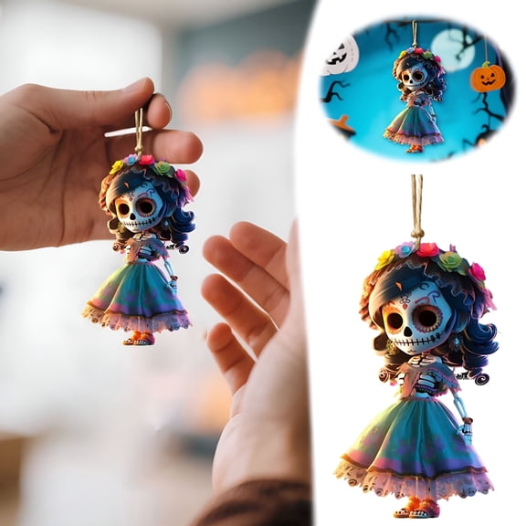 XIBUFE 2026 New Day of the Dead Ornaments for Halloween Tree&Car Decor Sugar Skull Doll Hanging with Colorful Flowers Dia De Los Muertos Themed Party Supplies 2D Flat Acrylic Gothic Punk Decoration
