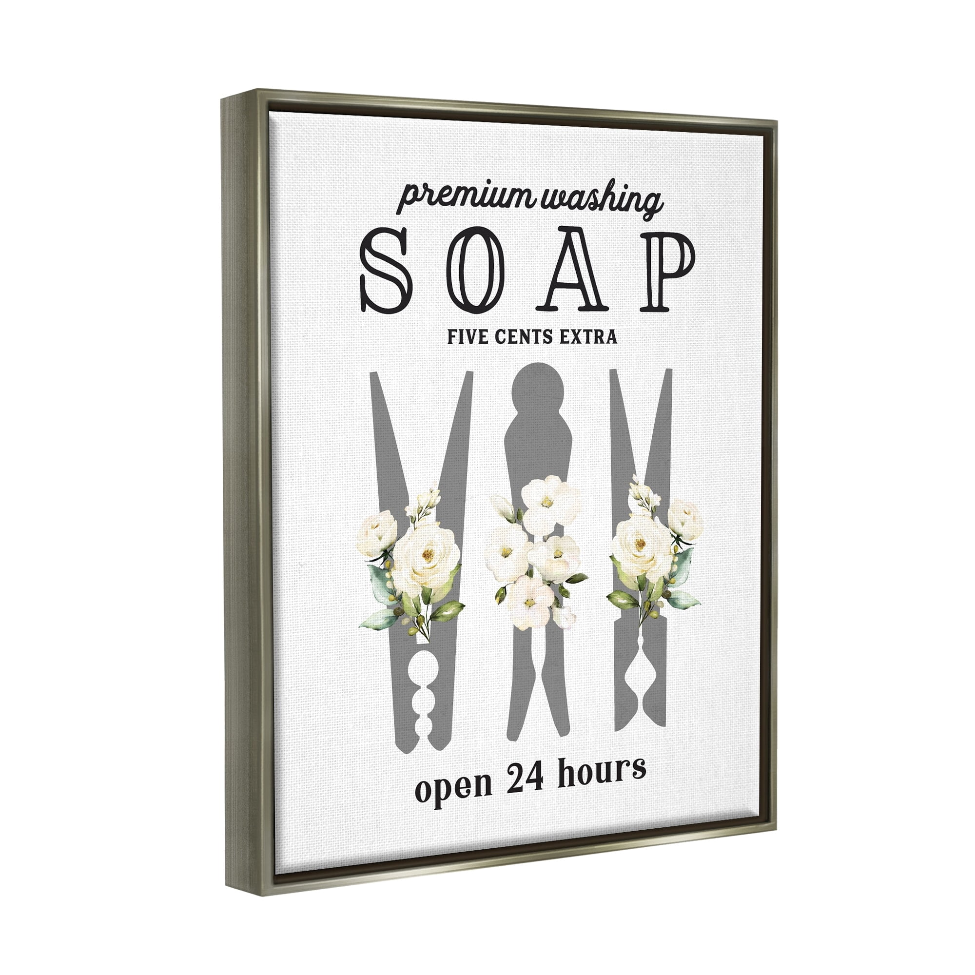 Stupell Industries Floral Clothespin Silhouette Vintage Script Soap Signage Graphic Art Luster Gray Floating Framed Canvas Print Wall Art, Design by Lettered and Lined