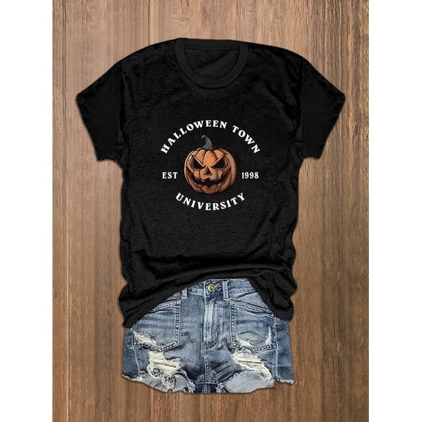 Halloween T-shirt - Halloween Town est 1998 Graphic T-Shirt | Casual Crew Neck Cotton Tee with Pumpkin and Haunted House Print | Festive Halloween Top for all Seasons