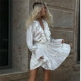 thumbnail image 4 of Minivestido blanco con volantes y cuello en V para mujer, vestido de retazos de manga larga, elegante, vendaje de moda, cintura alta, con cordones, 4 of 5