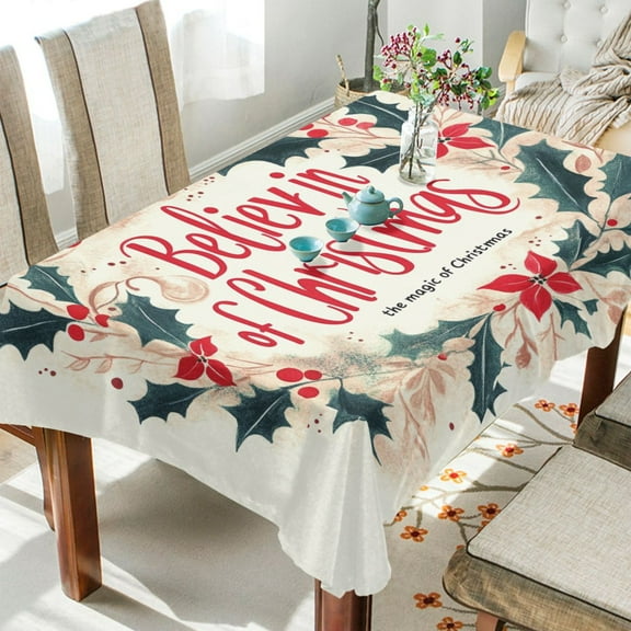 BZSMCE Square Tablecloth Red Merry Christmas Elegant Leaf Wreath Pattern Tableclothes