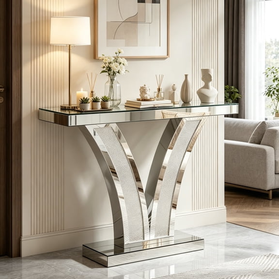 Fnova Mirrored Glam Console Table, Modern Silver Entryway Sofa Table with Crystal Diamond Inlay Frame for Living Room Hallway Foyer