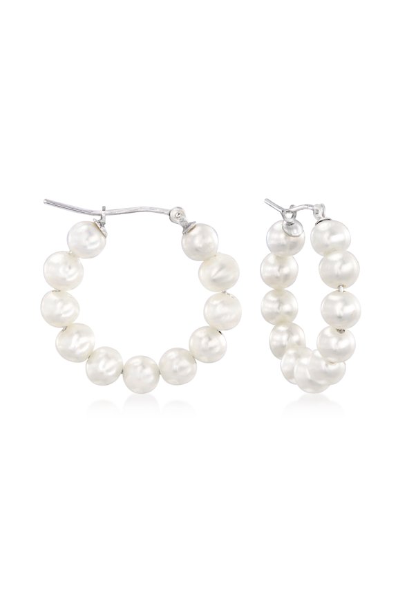 4-5mm Cultured Pearl Hoop Earrings in Sterling Silver, Women's, Adult