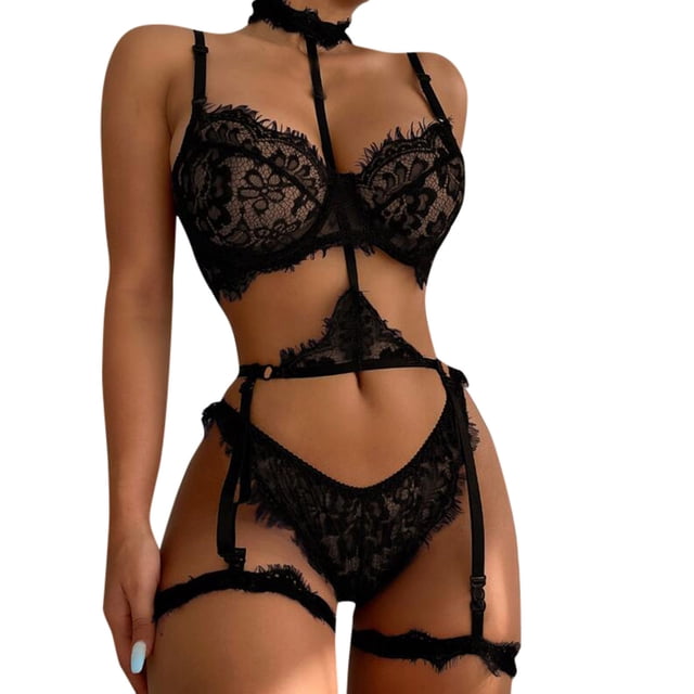 Gibobby Conjunto de lencería Sexy Nueva sexy lencería de encaje ropa interior ropa de dormir anillo de pijamas liguero(Negro, XL)