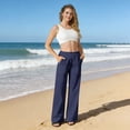 thumbnail image 2 of Womens Casual Wide Leg Pants Summer Beach Drawstring Palazzo Trousers Elastic Wasited Slacks with Pockets Navy S, 2 of 7