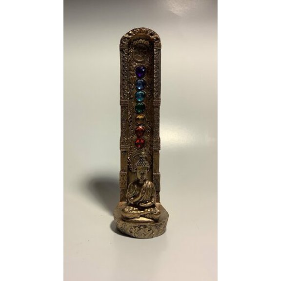 Golden Buddha 7 Chakra Tower Incense Burner Holder - Rainbow Gem Stones