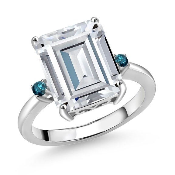 Gem Stone King 7.45 Cttw Blue Diamond and Moissanite 3-Stone Ring | 12X10MM Emerald Cut | 925 Sterling Silver | Three Stone Wedding Engagement Anniversary Promise Ring for Women