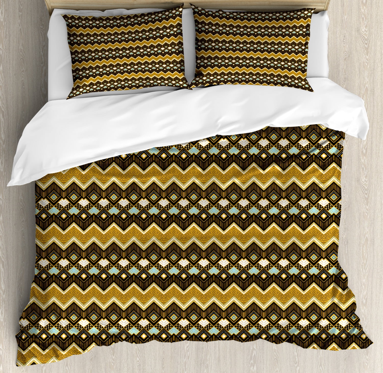Aztec King Size Duvet Cover Set, Groovy Timeless Folk Gypsy Mexican Zig
