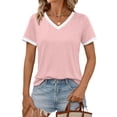 thumbnail image 2 of LWavelet Women's Color Block T-Shirt Short Sleeve Tops V-Neck Contrast Trim Casual Basic Tee Pink S, 2 of 3