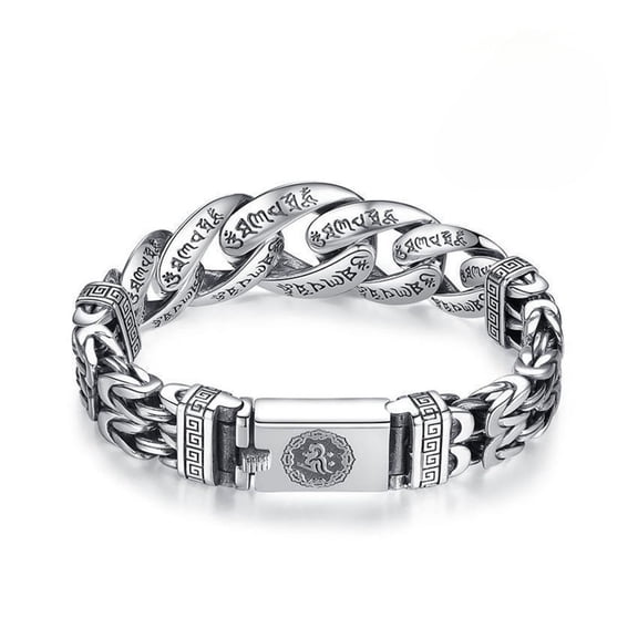 Men's Retro Six-Syllable Mantra Bracelet, Dual Chain Cuban Link Wristband with Box Clasp for Everyday and Gift Wear