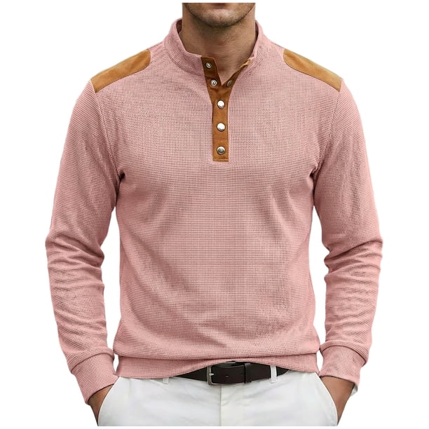 Camisetas de Verano de Manga Larga para Hombres Cuello de Pie Bloque de Color Botón Parchado Blusa Casual, Nylon Suave Spandex