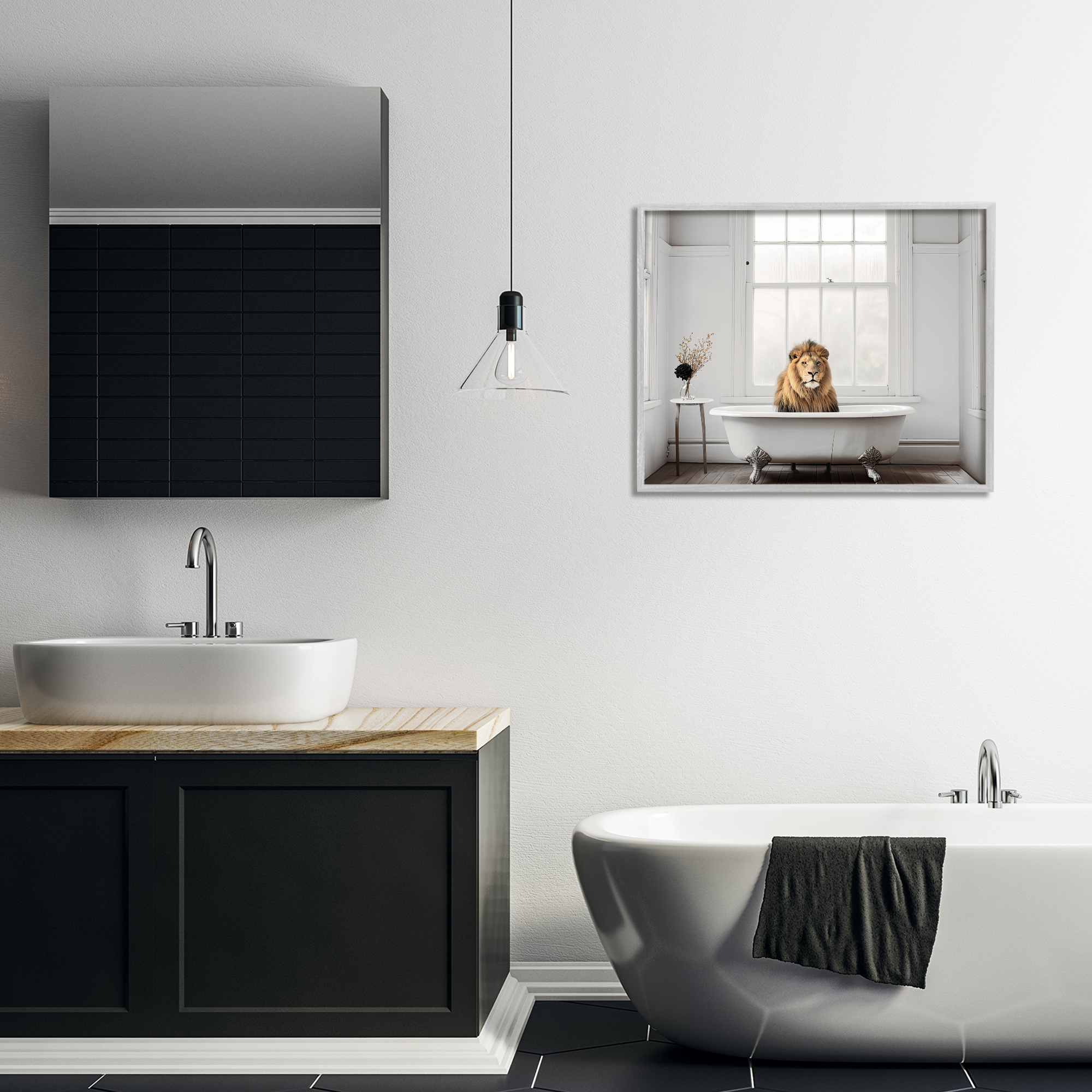 Minimalist Lion Bathtime Gray Framed Giclee Art, design by Sasha