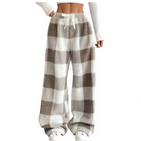Brglopf Womens Plaid Fluffy Pajama Pants Drawstring High Waisted Fuzzy Fleece Cozy Lounge Pants with Pockets Winter Warm Pj Bottoms Khaki L