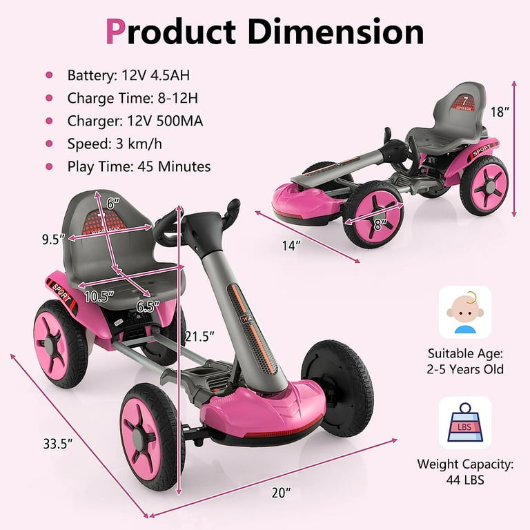 OLAKIDS Go Kart for Kids, 12V Battery Ride On Car with Adjustable Seat and  Steering Wheel, Folding Wheel, Detachable Cup Holder, LED Light, Electric  Go Cart for Ages 2-5 Years (Pink) 