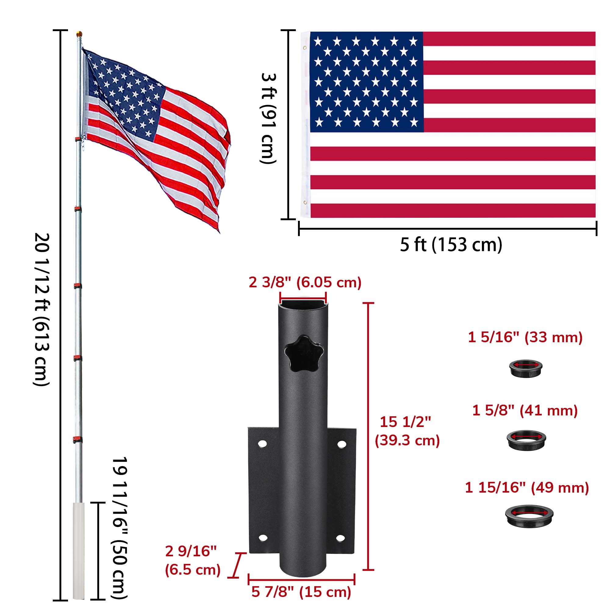 Yescom 20Ft Telescoping Flagpole w/ Dock/Deck Mount Display Sign Housebuilders
