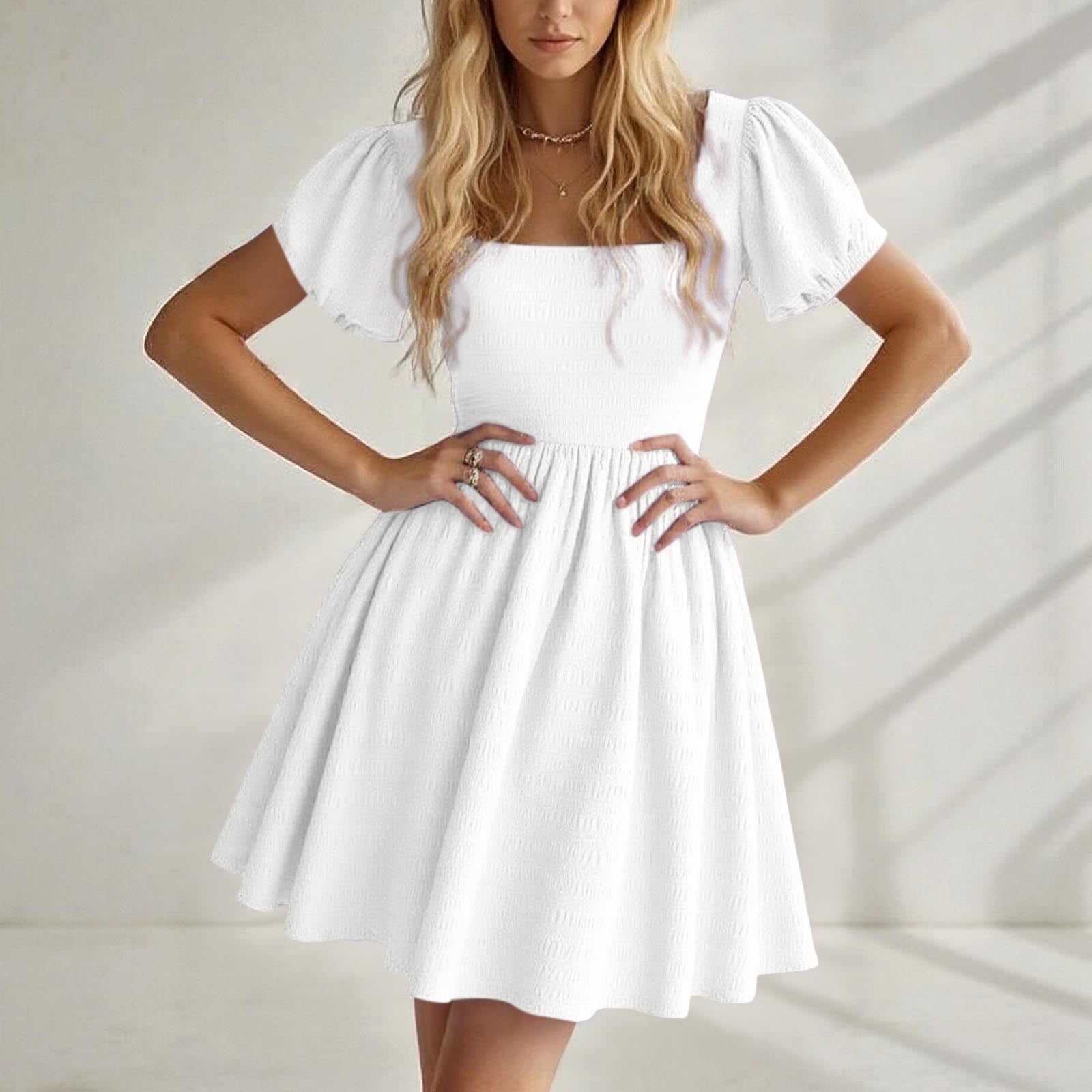 MIXUE Summer Dresses for Women Solid Color Square Neckline Puff Sleeve A Line Mini Casual Dress Outwear,White,L