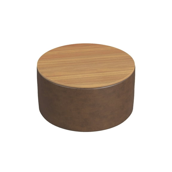 Mesy Storage Ottoman, 30 Inch Round Lift Tray Top, Brown Faux Leather