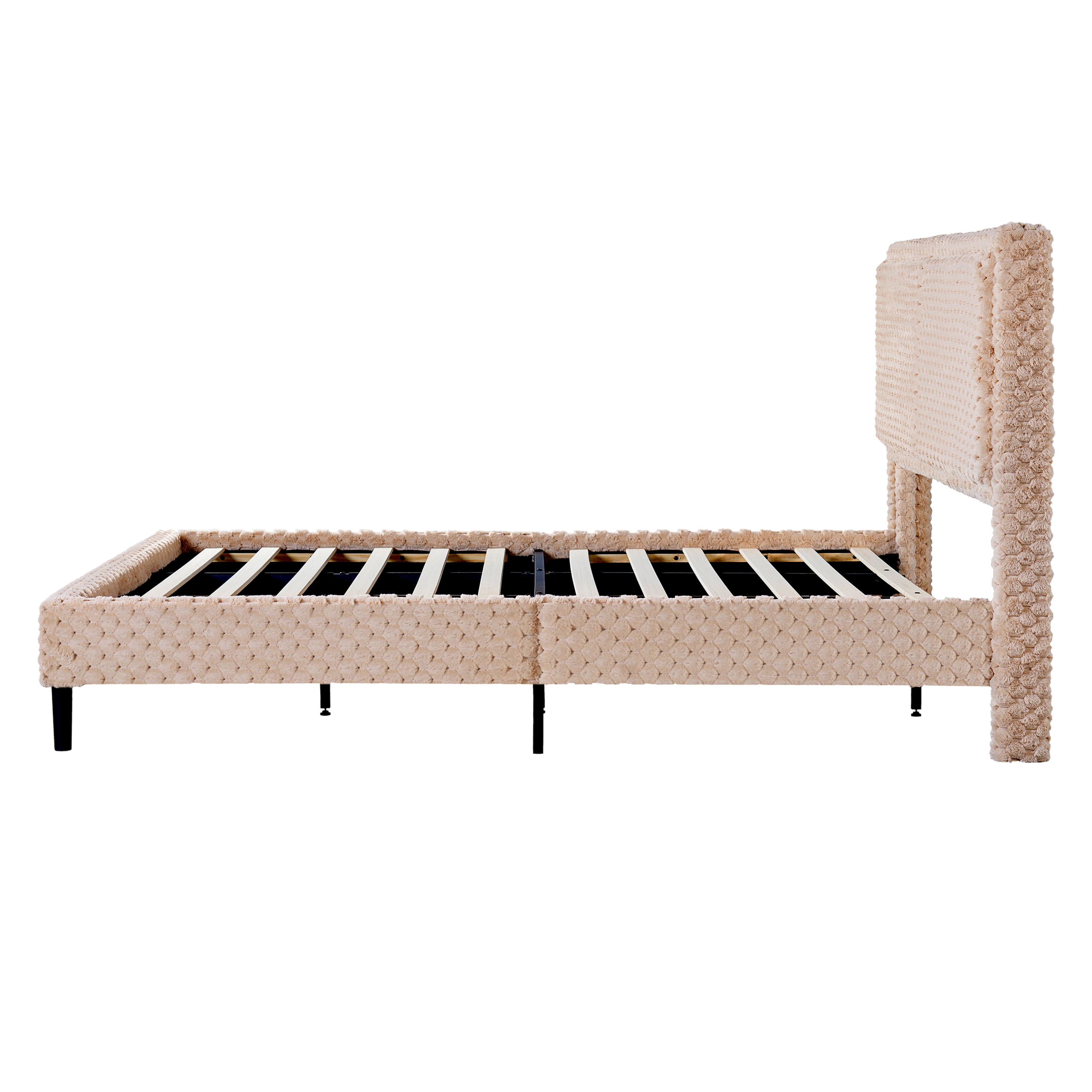 Mintazer Queen Size Upholstered Platform Bed Frame with Wingback Headboard, Textured Plush Fabric Bed with Metal Support, No Box Spring Needed, Camel