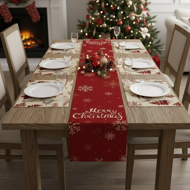 Uklsqma Ensemble de Nappe de Noël 7 Pcs / Design Flocon de Neige Rouge Blanc / Fibre de Polyester Durable Résistant aux Plis / Décoration de Table Festive pour Maison Restaurant Réunions de Vacances