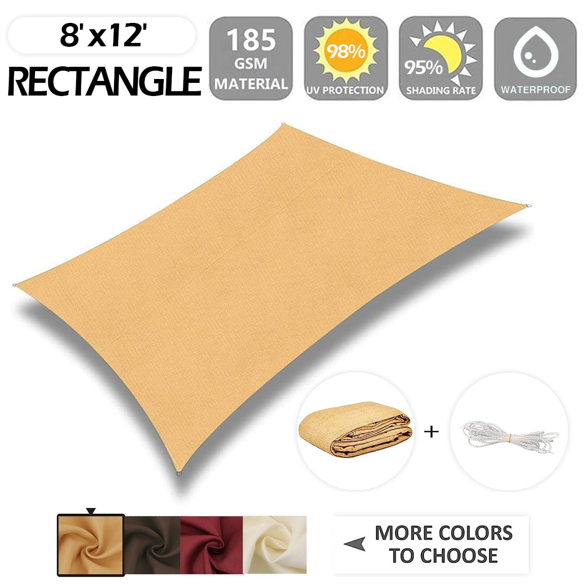 IC ICLOVER 8' x 12' Waterproof Sun Shade Sail Rectangle Canopy Awning Shelter Polyester Fabric Cloth for Patio Yard Deck Pergola Outdoor Sun Sail Shade 98% UV Block Sunshade - Sand