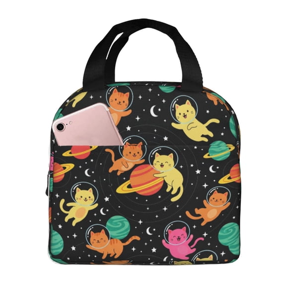 Cartoon Cat Lunch Bag Cute Kitten Reusable Cooler Tote Front Pocket Handheld Portable Meal Prep Bag for Work Office Daily Commute Travel Food Container