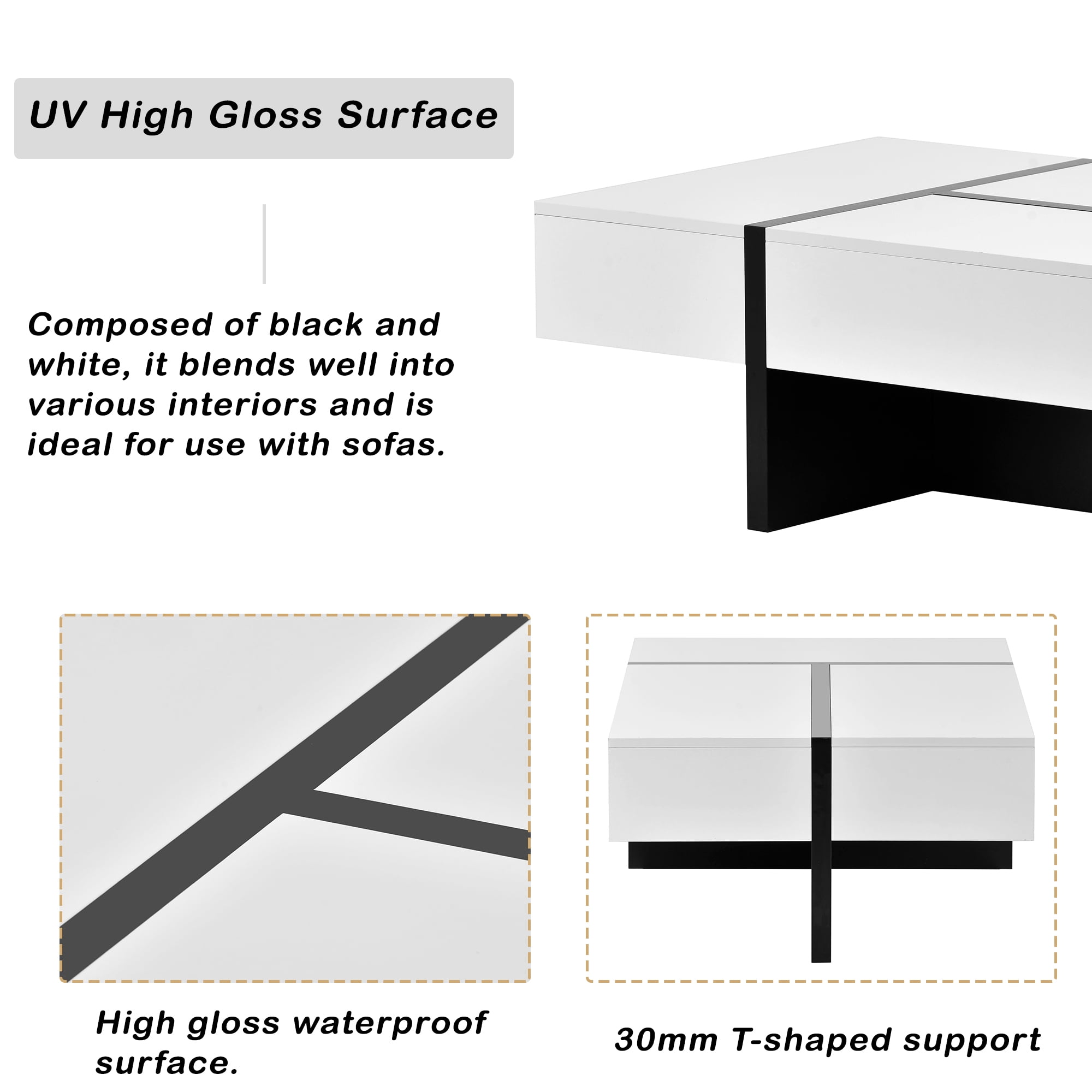 MAYEERTY Contemporary Rectangle Coffee Table with High Gloss Surface, Modern Center Table for Sofa or Upholstered Chairs, 45.2" x 25.5" x 13.7", White