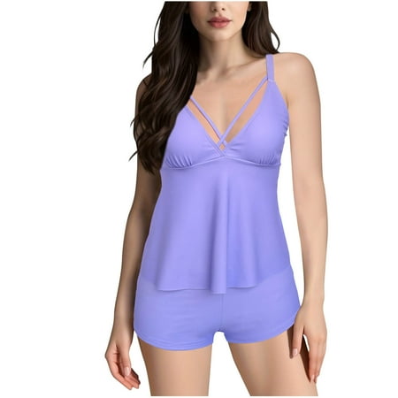 Busydd Plus Size Swimsuit for Women S-5XL Solid Color Deep V Neck Tankini Swimsuits for Women Flowy Oversized Bathing Suit for Women Two Piece Swimwear Tank Top with Boyshorts