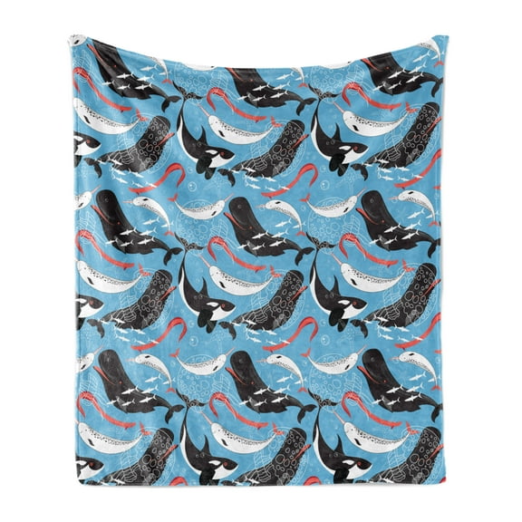 Narwhal Soft Flannel Fleece Throw Blanket, Arctic Giant Sea Mammals Orca White Whale Narwhal Sketch Ocean Fauna, Cozy Plush for Indoor and Outdoor Use, 60" x 80", Blue Dark Coral Black, by Ambesonne