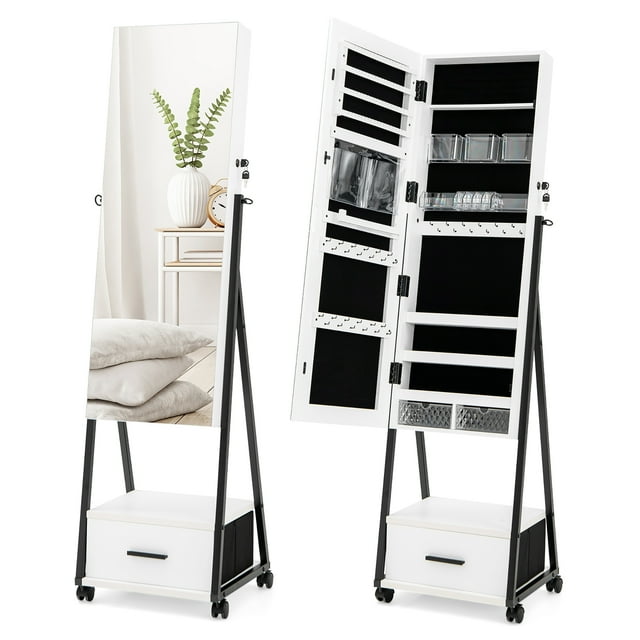 Costway Armoire à Bijoux Armoire Miroir Pleine Longueur Verrouillable avec Tiroir Inférieur et Roues