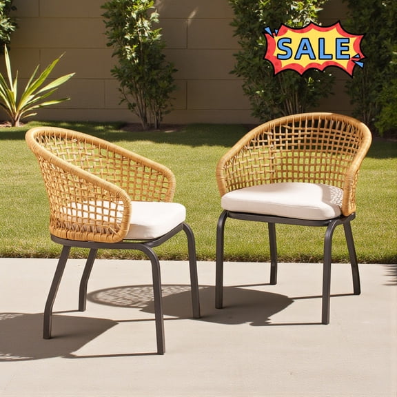 Tcbosik 2 Pack Outdoor Chairs with Cushion, Rattan Dining Chair, Dining Chair with Metal Legs for Balcony, Patio, Garden, Easy Assembly, Light Brown