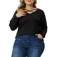 thumbnail image 1 of Blusas de mujer de tallas grandes GRACE & GRANDEUR, camisetas de cuello en V cruzado, casuales, de manga larga, talla 3X, color negro, 1 of 1