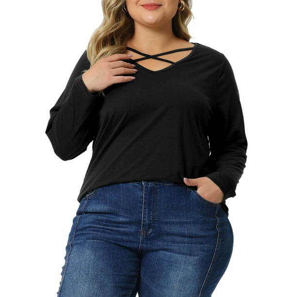 Blusas de mujer de tallas grandes GRACE & GRANDEUR, camisetas de cuello en V cruzado, casuales, de manga larga, talla 2X, color negro
