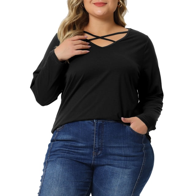 Blusas de mujer de tallas grandes GRACE & GRANDEUR, camisetas de cuello en V cruzado, casuales, de manga larga, talla 3X, color negro