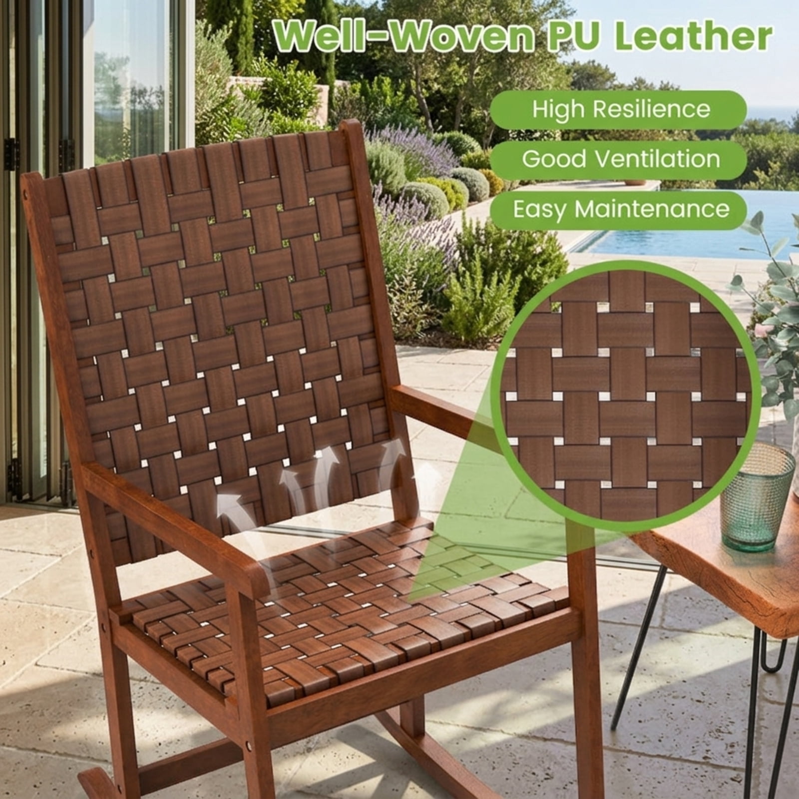 Furnibear Outdoor Rocking Chair Solid Rubber Wood for Backyard Deck Garden Brown 220 lbs Capacity Weather-Resistant Outdoor Furniture