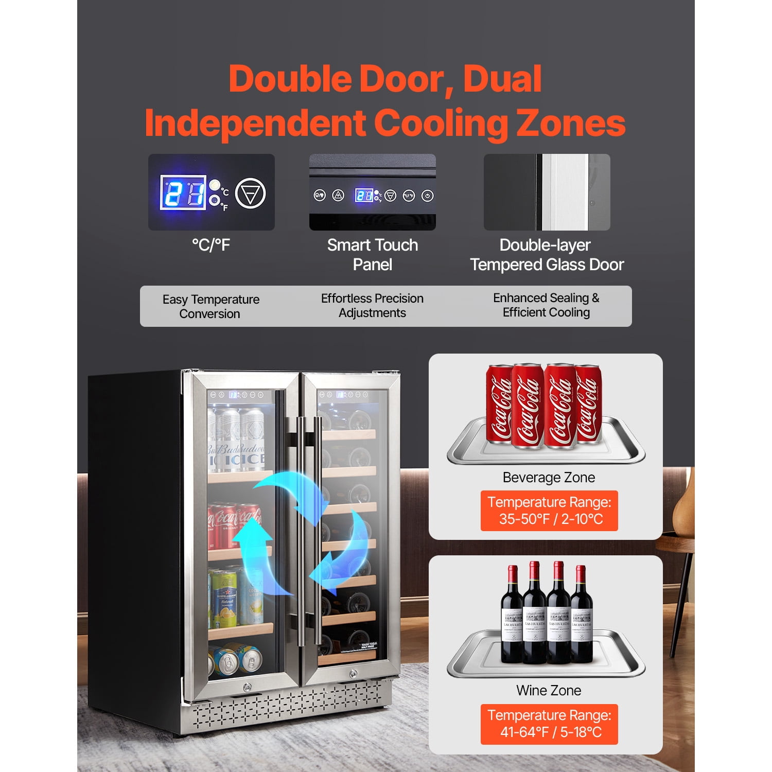 KFFKFF Wine and Drink Cooler, 24 inch Double Area Beverage Fridge, Integrated & Detachable Refrigerator with Transparent Doors, Modifiable Racks, Electronic Temp Regulation