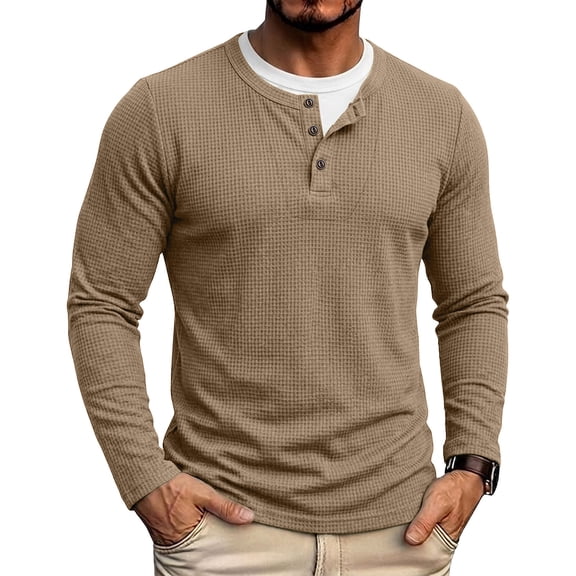 CQONEPT Mens Henley Sweater Long Sleeve Waffle Button Up Tunic Tee Casual Knit Pullover Soft Stretch Fall Winter Tops Khaki XL