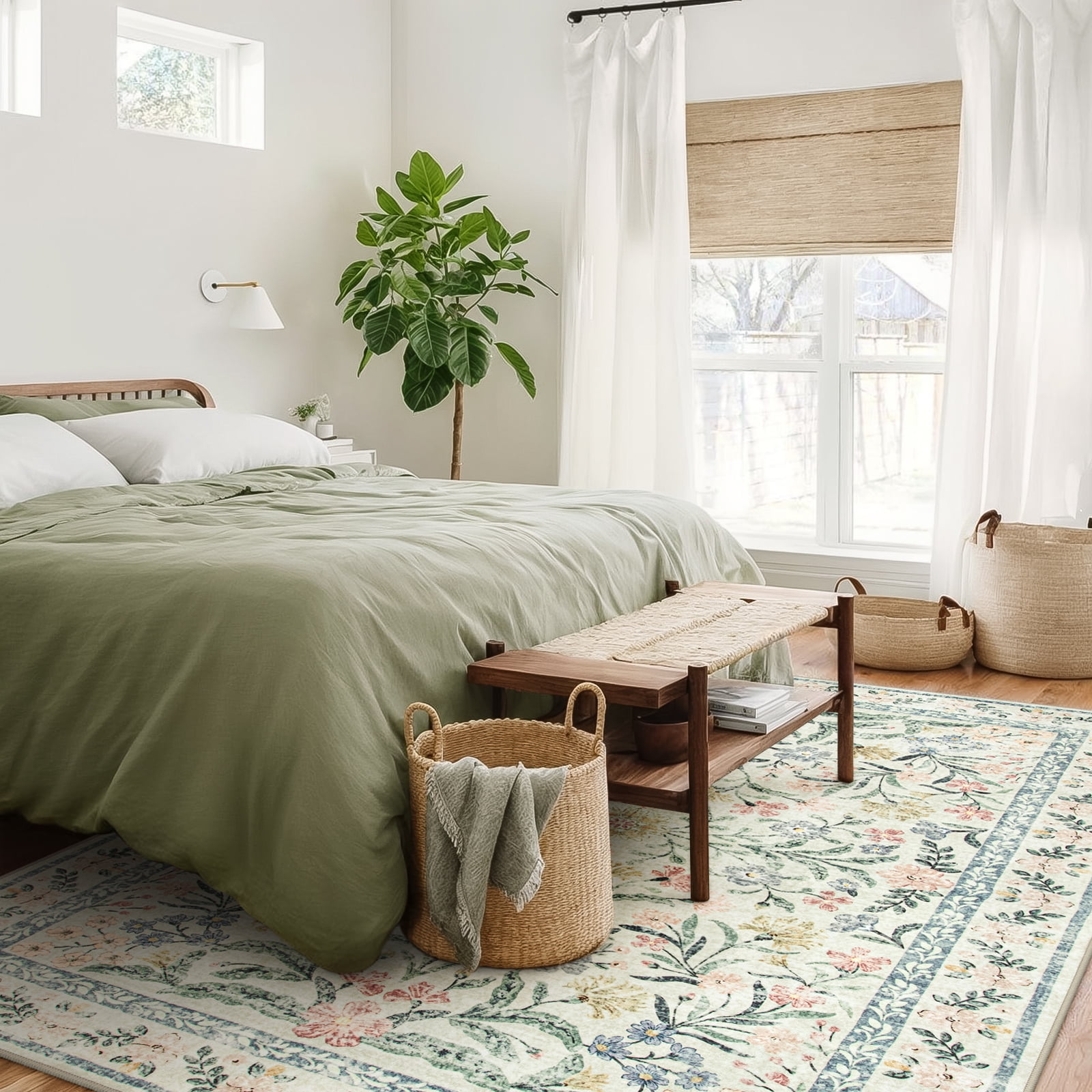Lahome 8'x10' Washable Area Rug for Living Room with Non Slip Backing,Traditional Boho Rug,Low Pile Lightweight Carpet,Floral Print Mat,Washable Machine for Bedroom,Beige