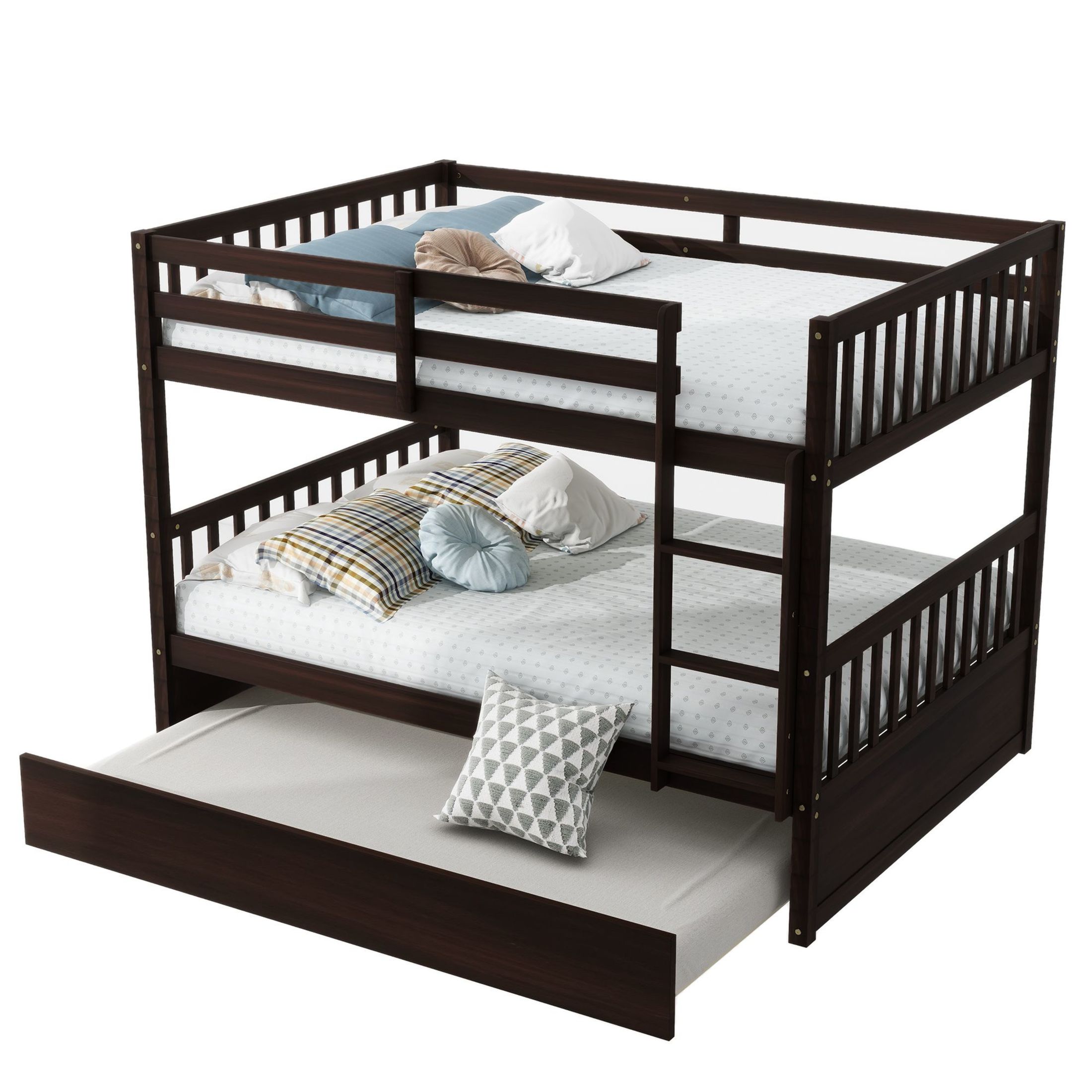 Noble House Full Over Full Rubber Wood Bunk Bed, Convertible Design with Ladder, Guardrails & Twin Trundle, Espresso