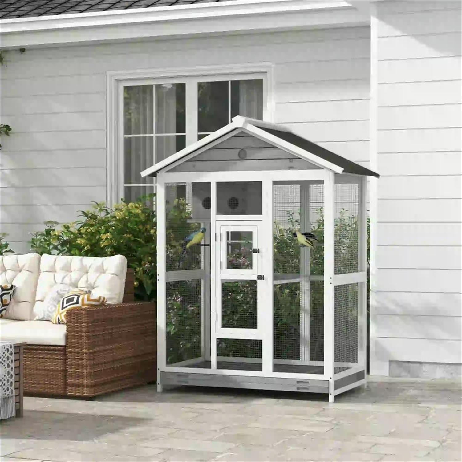 Kadyn 64" Height Wooden Outdoor Flight Bird Cage Aviary with 4 Perches and Slide-Out Tray for Parrots Conures Lovebird Cockatiel Parakeets, Gray