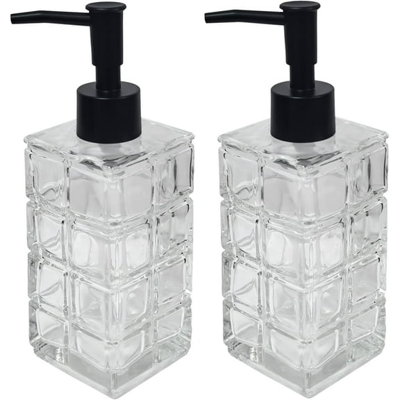 Clear Glass Soap Dispenser with Black Pump, 2 Pack 11oz Square Hand Dispenser, Refillable Lotion & Dish Soap, Bathroom Shower Gel