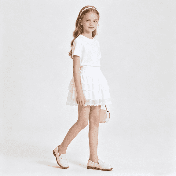 NIPAXO Girls Skirt with Ruffled, Multilayer Cute Skirt, White, 4-5Y