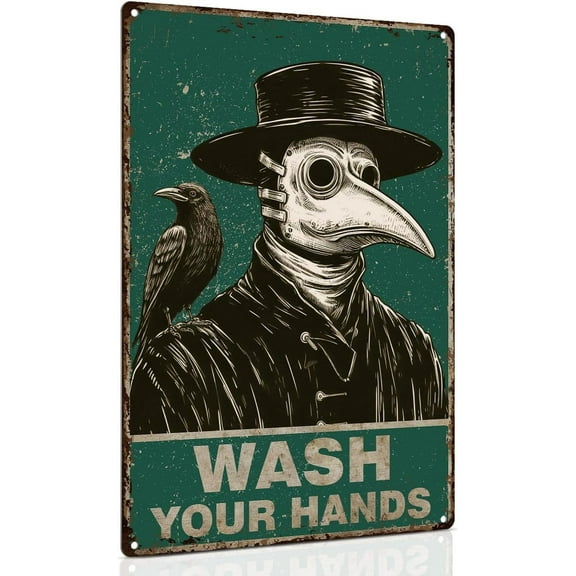 Gothic Plague Doctor Bathroom Sign 8x12” – "WASH YOUR HANDS" – Gothic Horror Decor, Dark Humor Handwashing Reminder, Novelty Gift