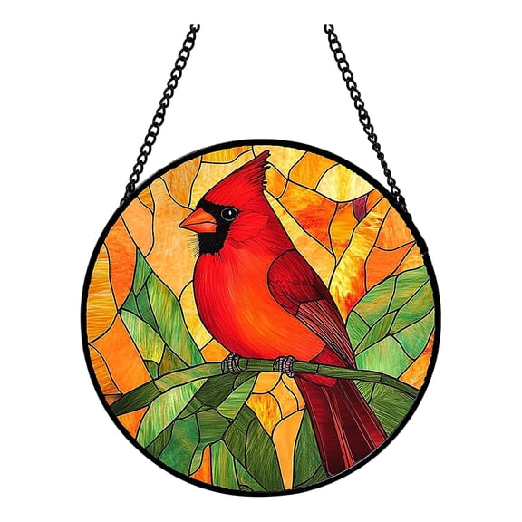 Stained Glass Window Hanging Cardinal Bird Stained Glass Suncatcher Stained Glass Decor Colorful Round Wall Art for Home Decor Window Decorations 1 Pc