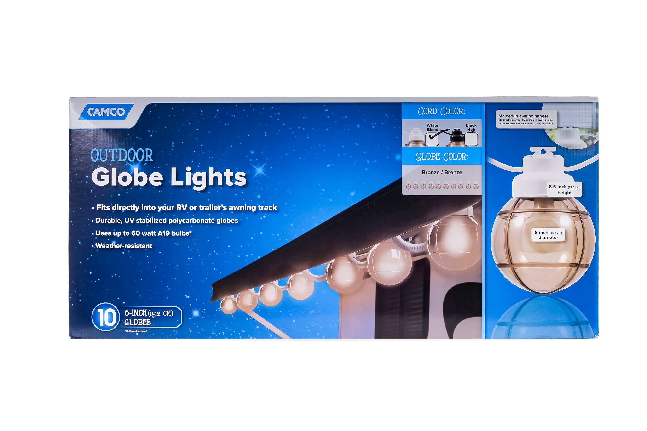 Camco Decorative RV Awning Globe Lights 10 Bronze Globes on White