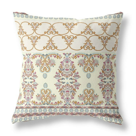Rose Box Indoor/Outdoor Fabric Pillow with Zip in Off White Orange 18x18